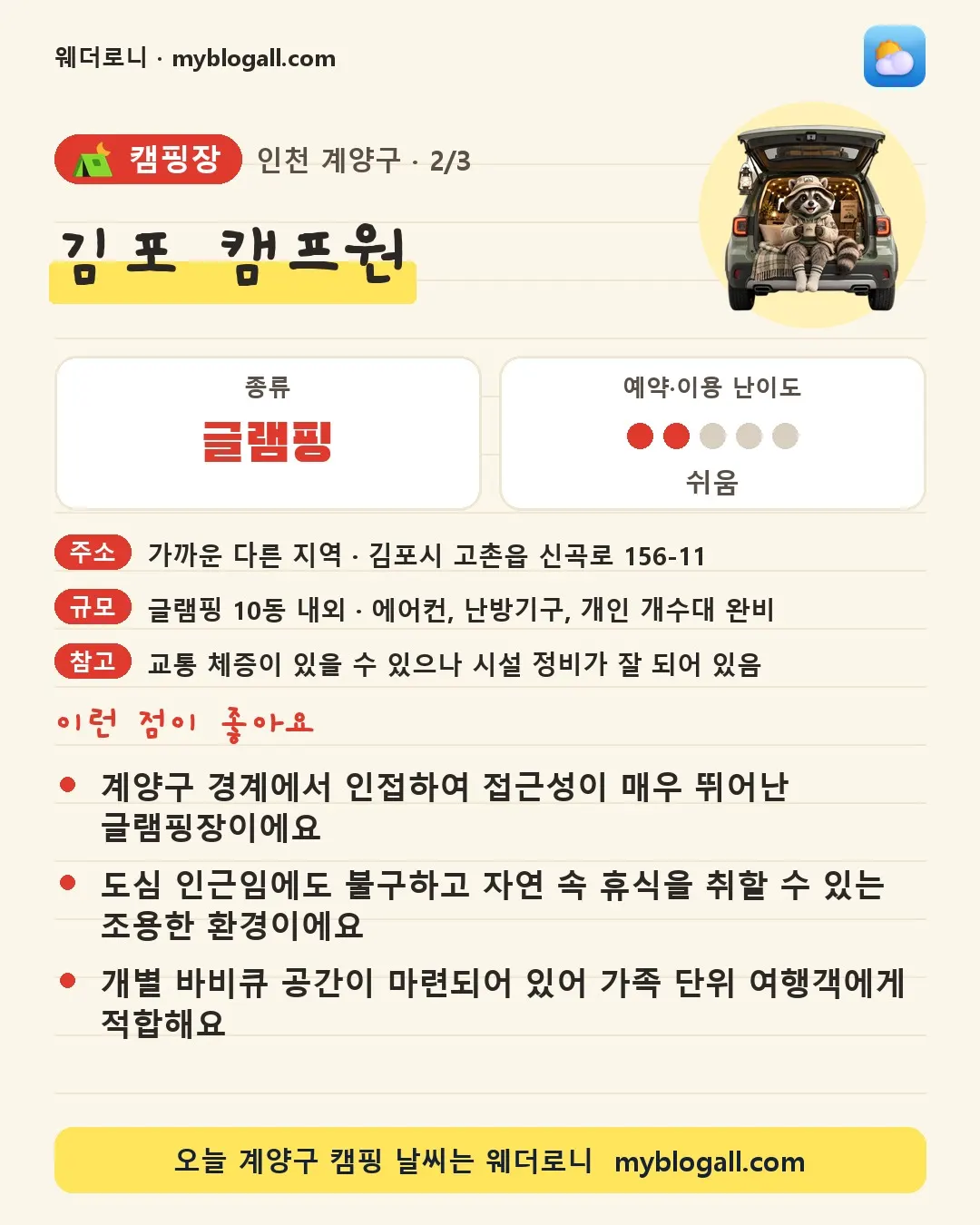 계양구 캠핑장 · 김포 캠프원 — 글램핑 · 예약·이용 난이도 2/5 — 계양구 경계에서 인접하여 접근성이 매우 뛰어난 글램핑장이에요 — 도심 인근임에도 불구하고 자연 속 휴식을 취할 수 있는 조용한 환경이에요