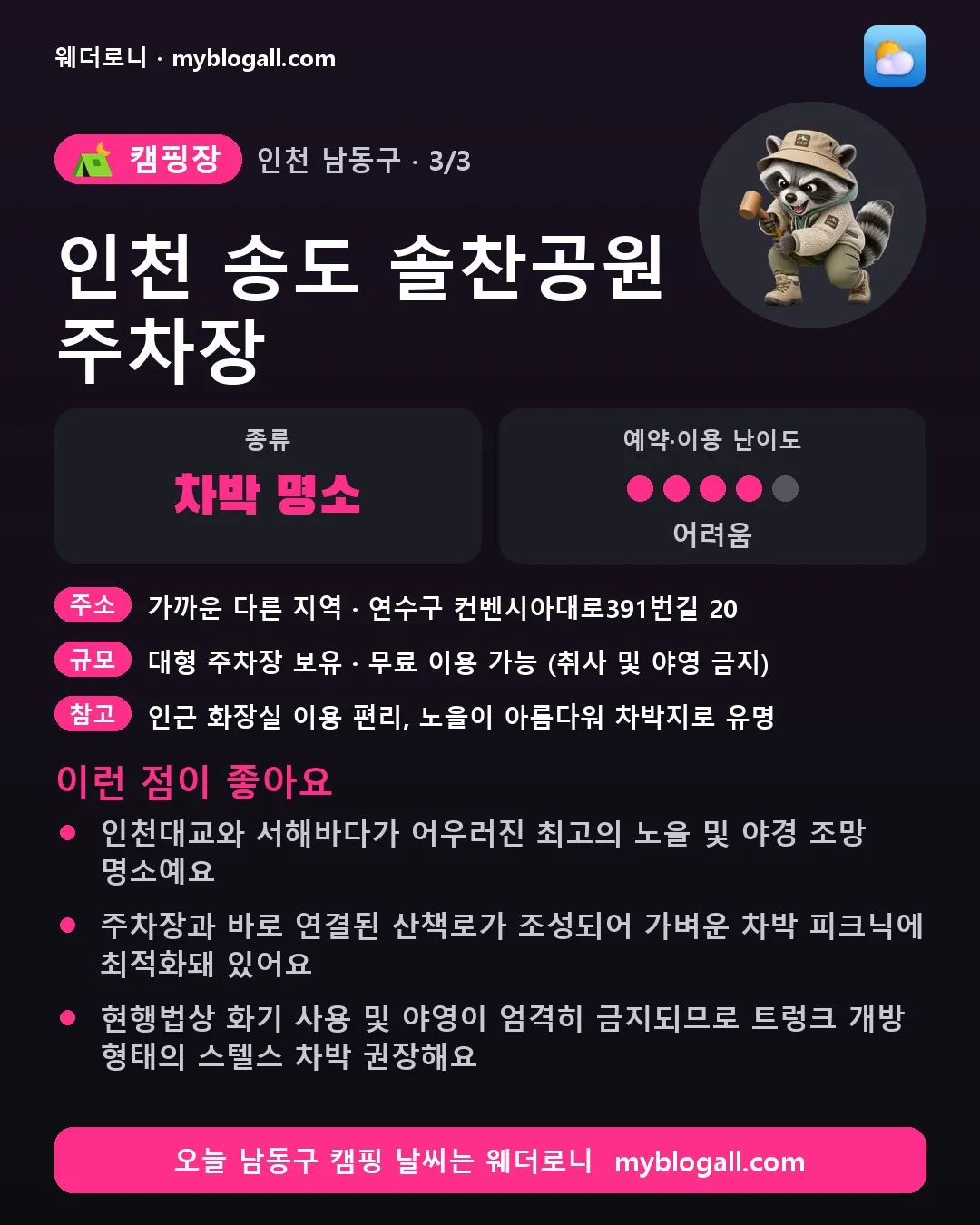 남동구 캠핑장 · 인천 송도 솔찬공원 주차장 — 차박 명소 · 예약·이용 난이도 4/5 — 인천대교와 서해바다가 어우러진 최고의 노을 및 야경 조망 명소예요 — 주차장과 바로 연결된 산책로가 조성되어 가벼운 차박 피크닉에 최적화돼 있어요