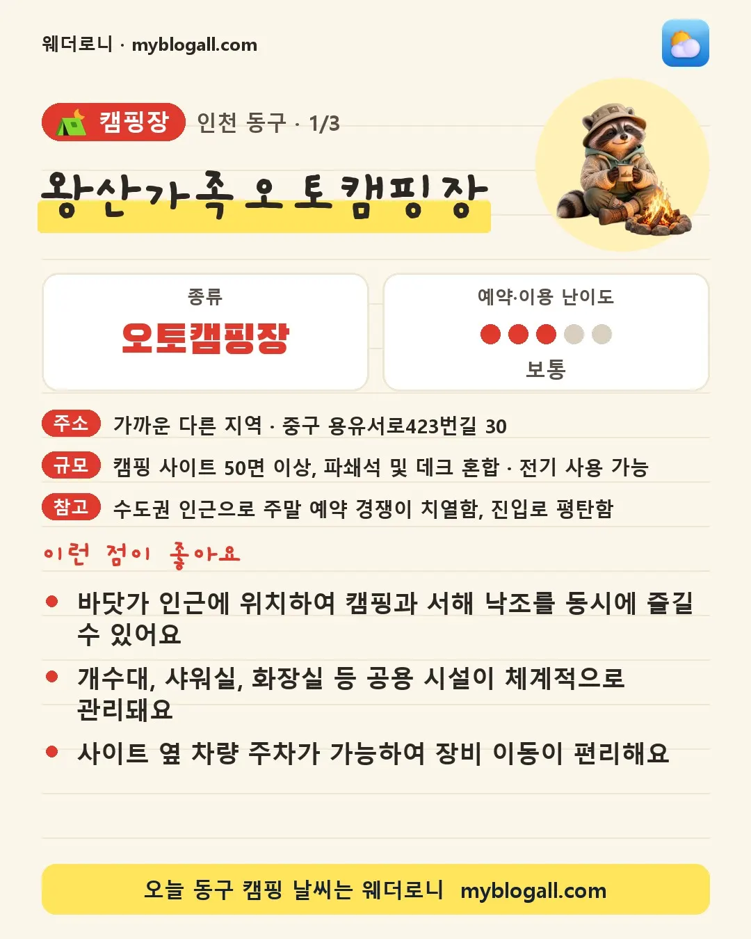 동구 캠핑장 · 왕산가족오토캠핑장 — 오토캠핑장 · 예약·이용 난이도 3/5 — 바닷가 인근에 위치하여 캠핑과 서해 낙조를 동시에 즐길 수 있어요 — 개수대, 샤워실, 화장실 등 공용 시설이 체계적으로 관리돼요