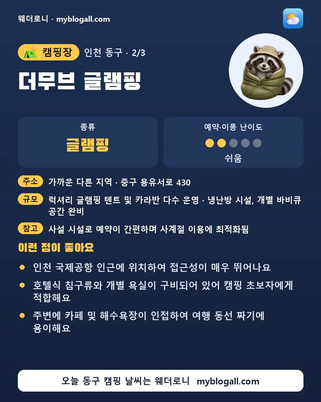 동구 캠핑장 · 더무브 글램핑 — 글램핑 · 예약·이용 난이도 2/5 — 인천 국제공항 인근에 위치하여 접근성이 매우 뛰어나요 — 호텔식 침구류와 개별 욕실이 구비되어 있어 캠핑 초보자에게 적합해요