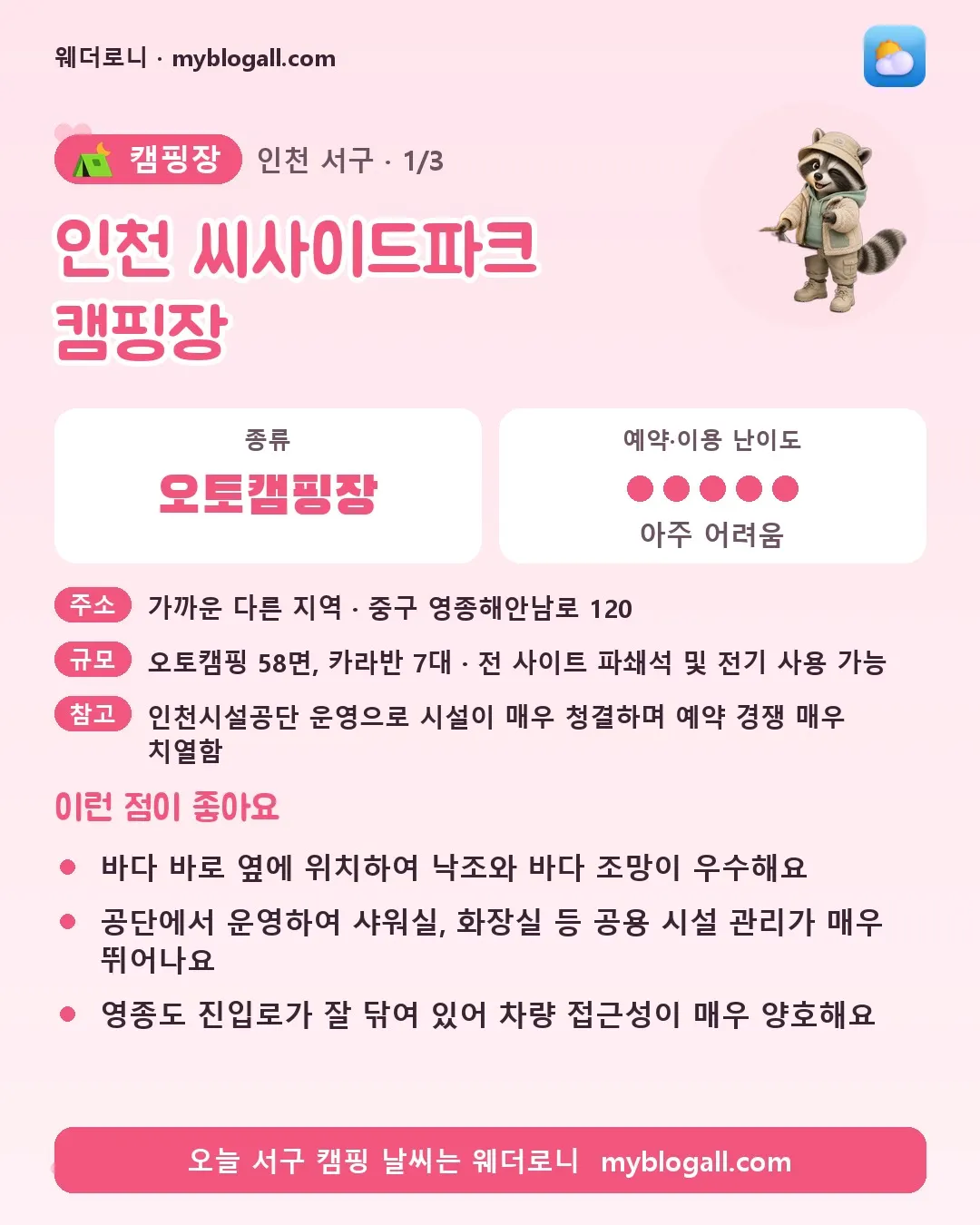 서구 캠핑장 · 인천 씨사이드파크 캠핑장 — 오토캠핑장 · 예약·이용 난이도 5/5 — 바다 바로 옆에 위치하여 낙조와 바다 조망이 우수해요 — 공단에서 운영하여 샤워실, 화장실 등 공용 시설 관리가 매우 뛰어나요