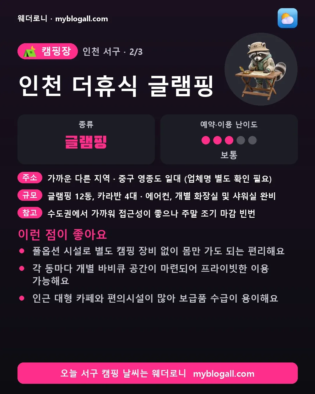 서구 캠핑장 · 인천 더휴식 글램핑 — 글램핑 · 예약·이용 난이도 3/5 — 풀옵션 시설로 별도 캠핑 장비 없이 몸만 가도 되는 편리해요 — 각 동마다 개별 바비큐 공간이 마련되어 프라이빗한 이용 가능해요