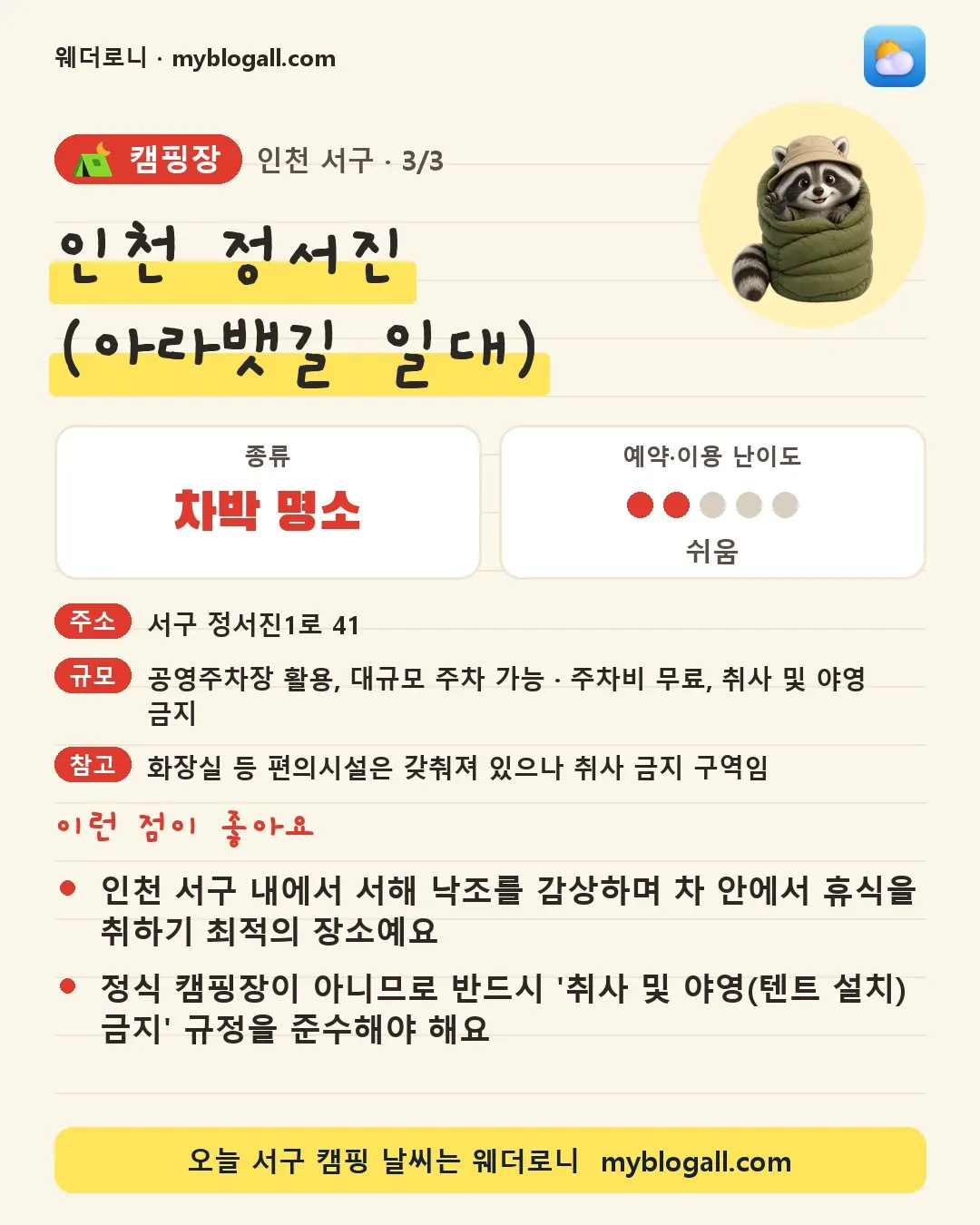 서구 캠핑장 · 인천 정서진 (아라뱃길 일대) — 차박 명소 · 예약·이용 난이도 2/5 — 인천 서구 내에서 서해 낙조를 감상하며 차 안에서 휴식을 취하기 최적의 장소예요 — 정식 캠핑장이 아니므로 반드시 '취사 및 야영(텐트 설치) 금지' 규정을 준수해야 해요