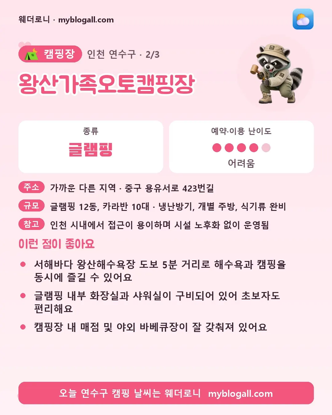 연수구 캠핑장 · 왕산가족오토캠핑장 — 글램핑 · 예약·이용 난이도 4/5 — 서해바다 왕산해수욕장 도보 5분 거리로 해수욕과 캠핑을 동시에 즐길 수 있어요 — 글램핑 내부 화장실과 샤워실이 구비되어 있어 초보자도 편리해요