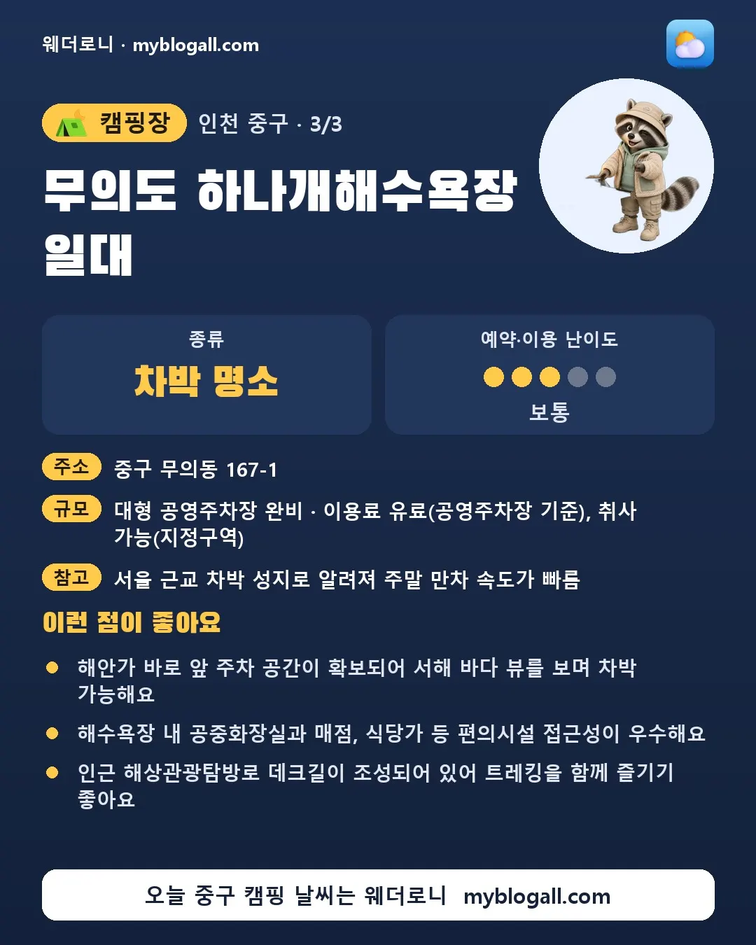 중구 캠핑장 · 무의도 하나개해수욕장 일대 — 차박 명소 · 예약·이용 난이도 3/5 — 해안가 바로 앞 주차 공간이 확보되어 서해 바다 뷰를 보며 차박 가능해요 — 해수욕장 내 공중화장실과 매점, 식당가 등 편의시설 접근성이 우수해요