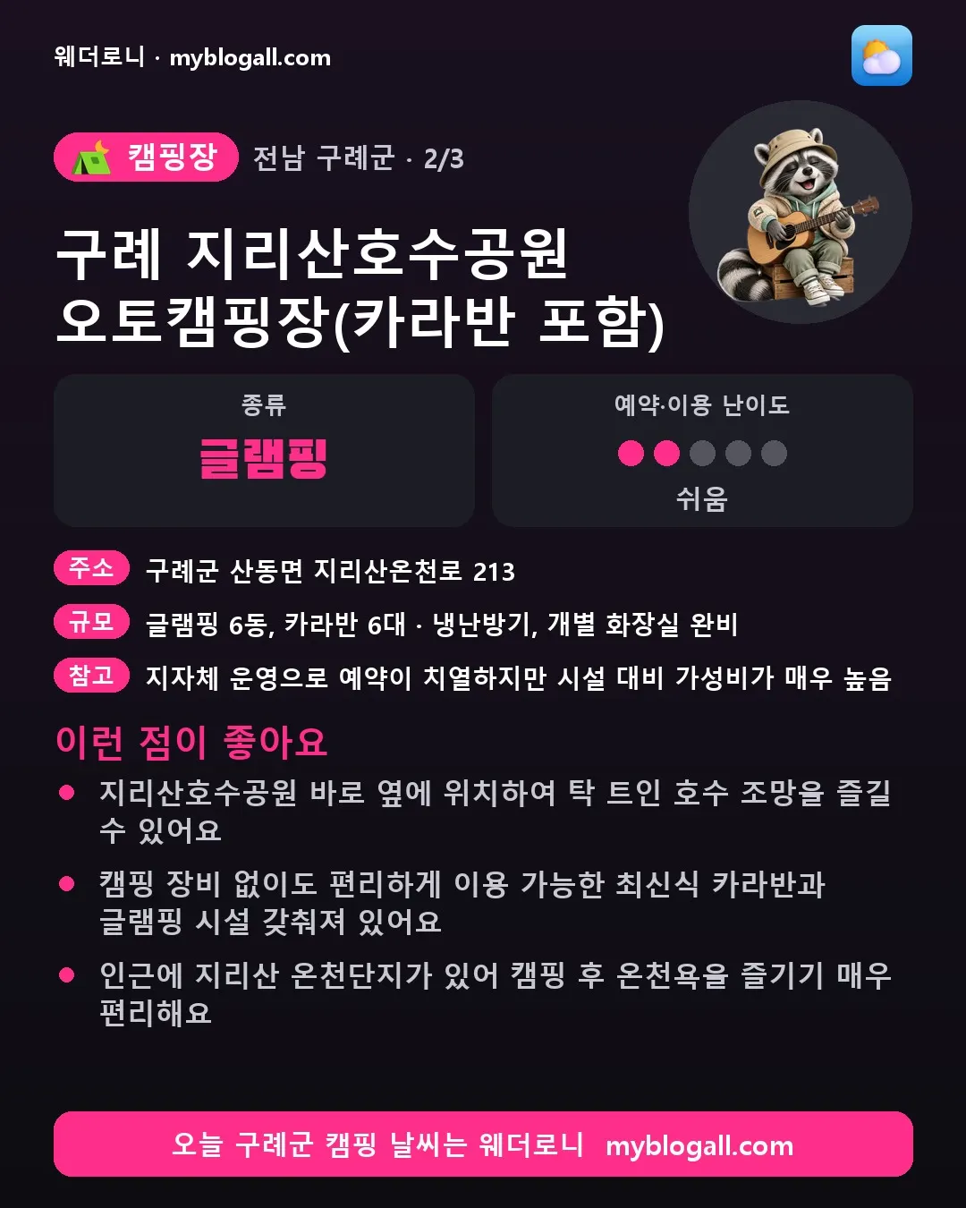 구례군 캠핑장 · 구례 지리산호수공원 오토캠핑장(카라반 포함) — 글램핑 · 예약·이용 난이도 2/5 — 지리산호수공원 바로 옆에 위치하여 탁 트인 호수 조망을 즐길 수 있어요 — 캠핑 장비 없이도 편리하게 이용 가능한 최신식 카라반과 글램핑 시설 갖춰져 있어요