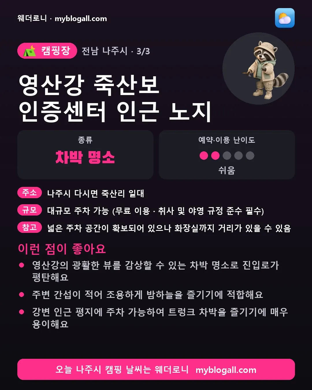 나주시 캠핑장 · 영산강 죽산보 인증센터 인근 노지 — 차박 명소 · 예약·이용 난이도 2/5 — 영산강의 광활한 뷰를 감상할 수 있는 차박 명소로 진입로가 평탄해요 — 주변 간섭이 적어 조용하게 밤하늘을 즐기기에 적합해요