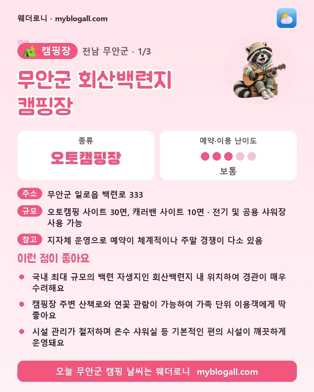 무안군 캠핑장 · 무안군 회산백련지 캠핑장 — 오토캠핑장 · 예약·이용 난이도 3/5 — 국내 최대 규모의 백련 자생지인 회산백련지 내 위치하여 경관이 매우 수려해요 — 캠핑장 주변 산책로와 연꽃 관람이 가능하여 가족 단위 이용객에게 딱 좋아요