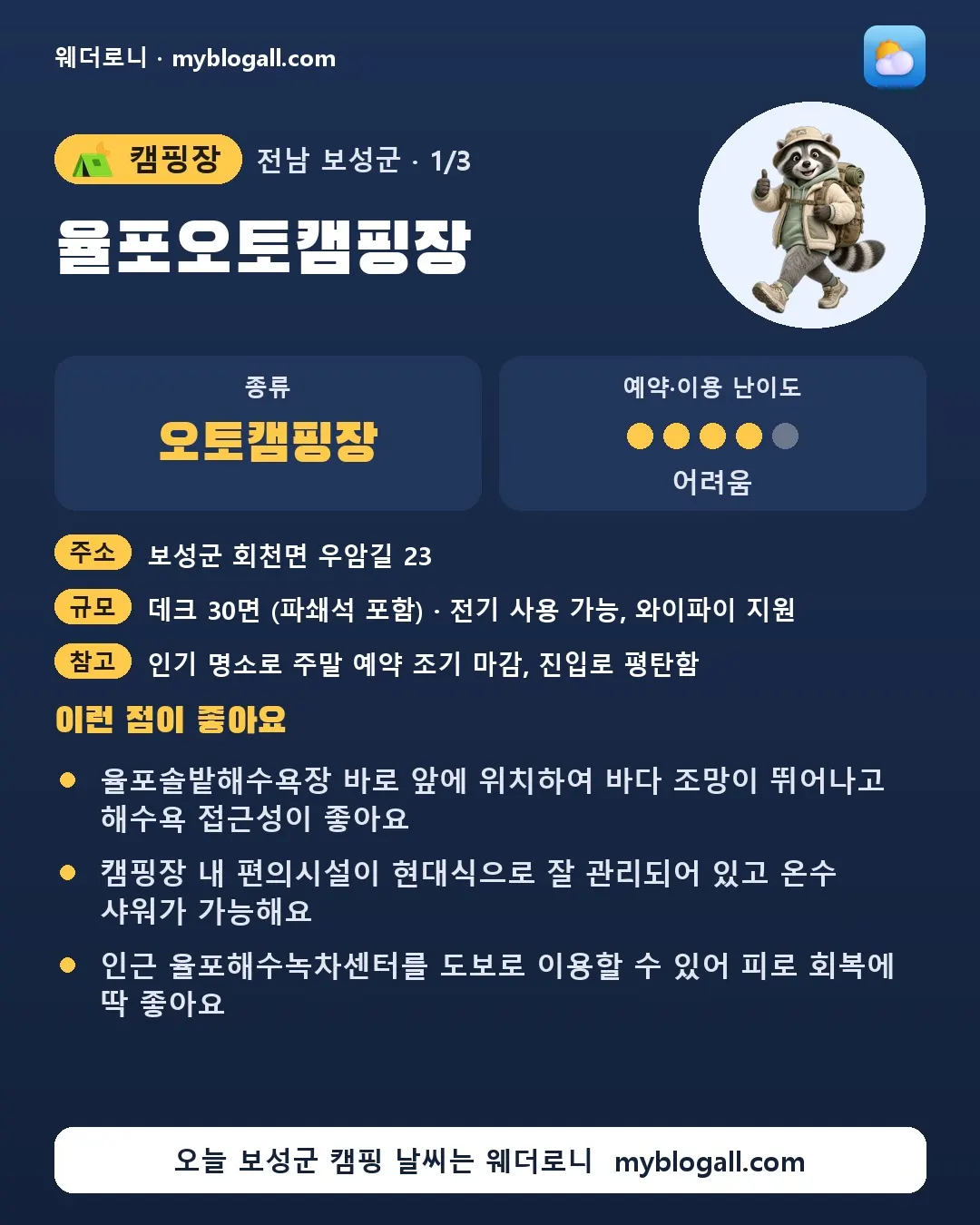 보성군 캠핑장 · 율포오토캠핑장 — 오토캠핑장 · 예약·이용 난이도 4/5 — 율포솔밭해수욕장 바로 앞에 위치하여 바다 조망이 뛰어나고 해수욕 접근성이 좋아요 — 캠핑장 내 편의시설이 현대식으로 잘 관리되어 있고 온수 샤워가 가능해요