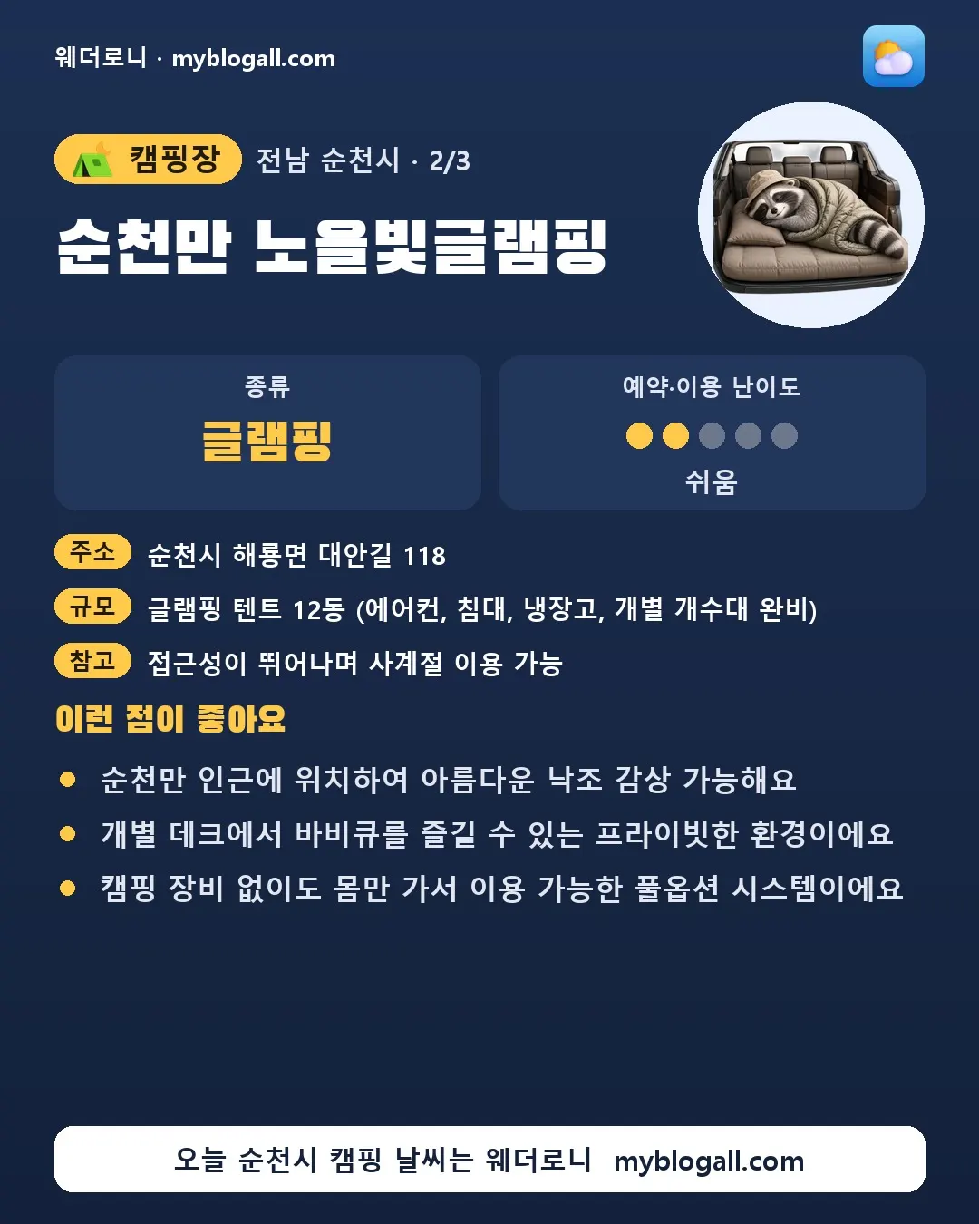순천시 캠핑장 · 순천만 노을빛글램핑 — 글램핑 · 예약·이용 난이도 2/5 — 순천만 인근에 위치하여 아름다운 낙조 감상 가능해요 — 개별 데크에서 바비큐를 즐길 수 있는 프라이빗한 환경이에요