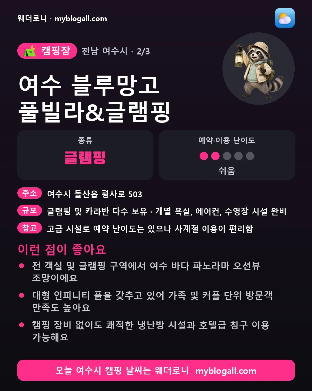 여수시 캠핑장 · 여수 블루망고 풀빌라&글램핑 — 글램핑 · 예약·이용 난이도 2/5 — 전 객실 및 글램핑 구역에서 여수 바다 파노라마 오션뷰 조망이에요 — 대형 인피니티 풀을 갖추고 있어 가족 및 커플 단위 방문객 만족도 높아요