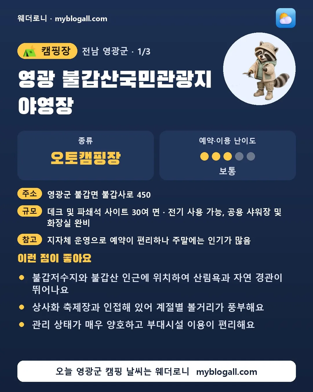 영광군 캠핑장 · 영광 불갑산국민관광지 야영장 — 오토캠핑장 · 예약·이용 난이도 3/5 — 불갑저수지와 불갑산 인근에 위치하여 산림욕과 자연 경관이 뛰어나요 — 상사화 축제장과 인접해 있어 계절별 볼거리가 풍부해요