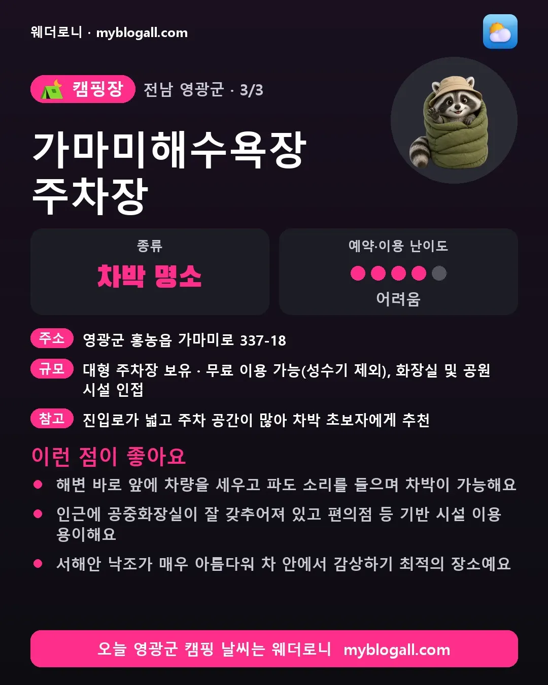 영광군 캠핑장 · 가마미해수욕장 주차장 — 차박 명소 · 예약·이용 난이도 4/5 — 해변 바로 앞에 차량을 세우고 파도 소리를 들으며 차박이 가능해요 — 인근에 공중화장실이 잘 갖추어져 있고 편의점 등 기반 시설 이용 용이해요