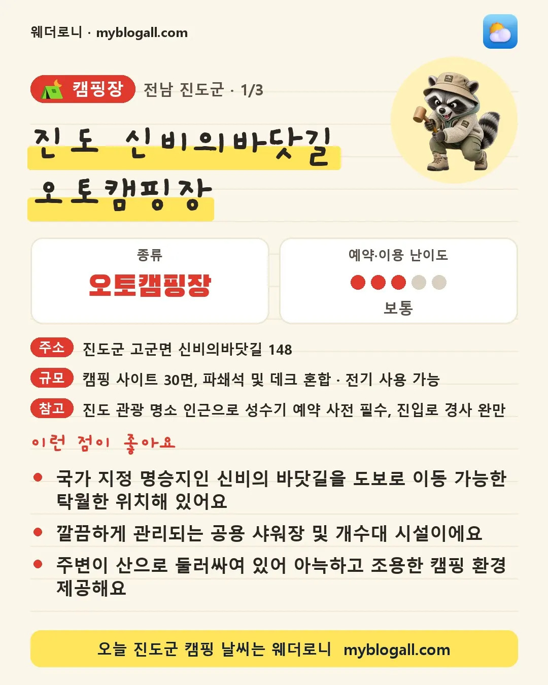 진도군 캠핑장 · 진도 신비의바닷길 오토캠핑장 — 오토캠핑장 · 예약·이용 난이도 3/5 — 국가 지정 명승지인 신비의 바닷길을 도보로 이동 가능한 탁월한 위치해 있어요 — 깔끔하게 관리되는 공용 샤워장 및 개수대 시설이에요