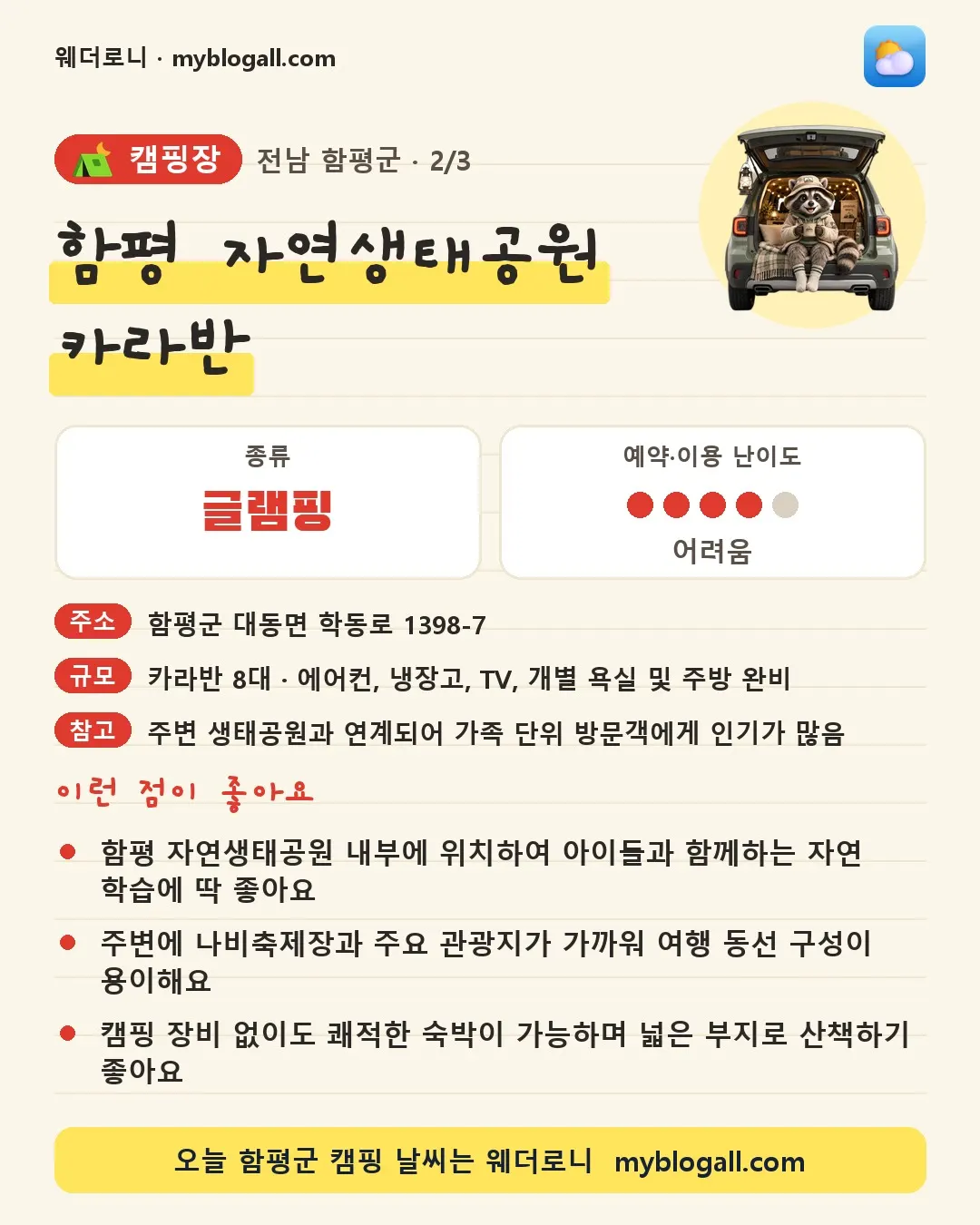 함평군 캠핑장 · 함평 자연생태공원 카라반 — 글램핑 · 예약·이용 난이도 4/5 — 함평 자연생태공원 내부에 위치하여 아이들과 함께하는 자연 학습에 딱 좋아요 — 주변에 나비축제장과 주요 관광지가 가까워 여행 동선 구성이 용이해요