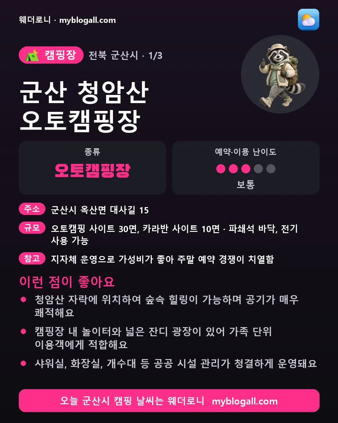 군산시 캠핑장 · 군산 청암산 오토캠핑장 — 오토캠핑장 · 예약·이용 난이도 3/5 — 청암산 자락에 위치하여 숲속 힐링이 가능하며 공기가 매우 쾌적해요 — 캠핑장 내 놀이터와 넓은 잔디 광장이 있어 가족 단위 이용객에게 적합해요