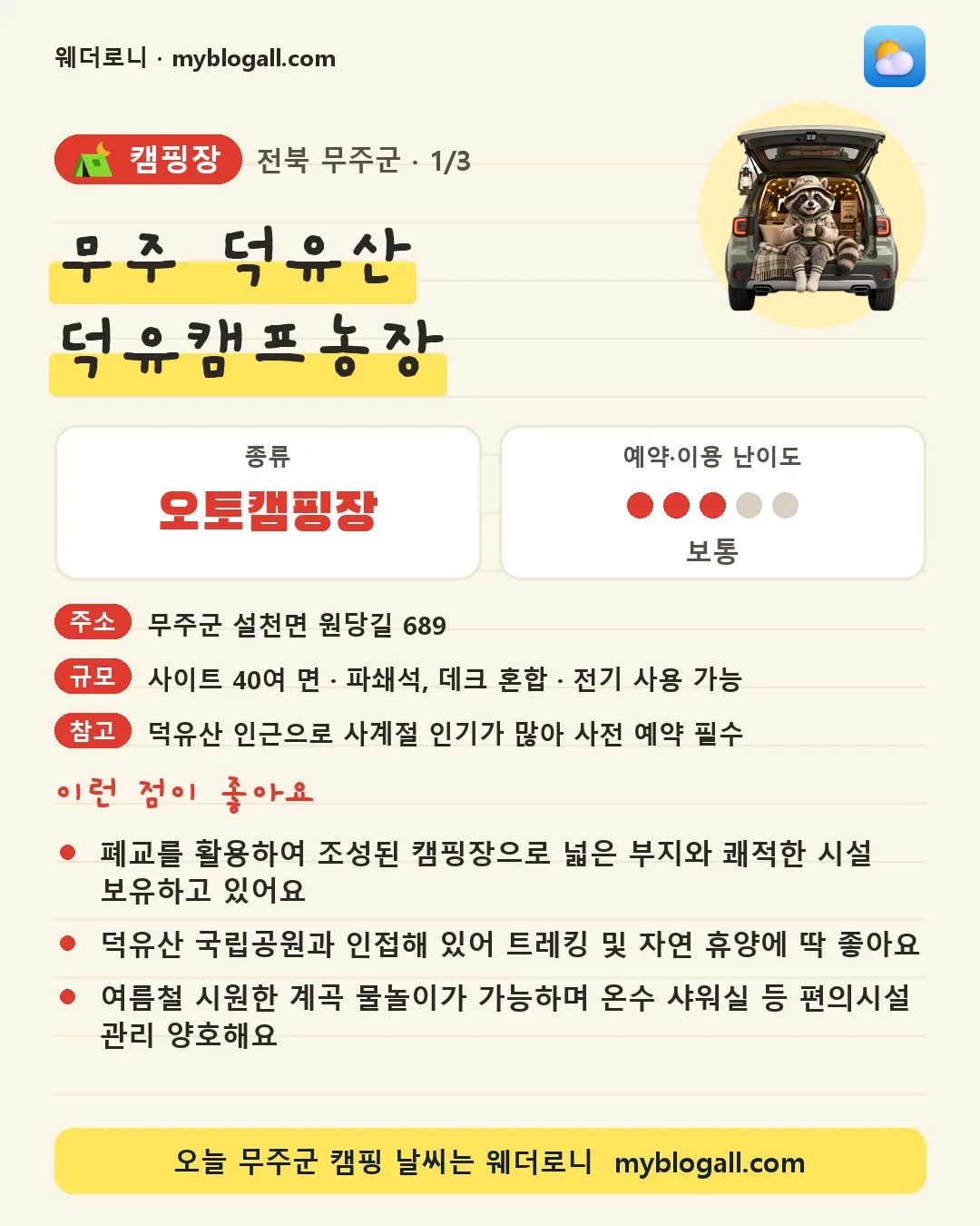 무주군 캠핑장 · 무주 덕유산 덕유캠프농장 — 오토캠핑장 · 예약·이용 난이도 3/5 — 폐교를 활용하여 조성된 캠핑장으로 넓은 부지와 쾌적한 시설 보유하고 있어요 — 덕유산 국립공원과 인접해 있어 트레킹 및 자연 휴양에 딱 좋아요