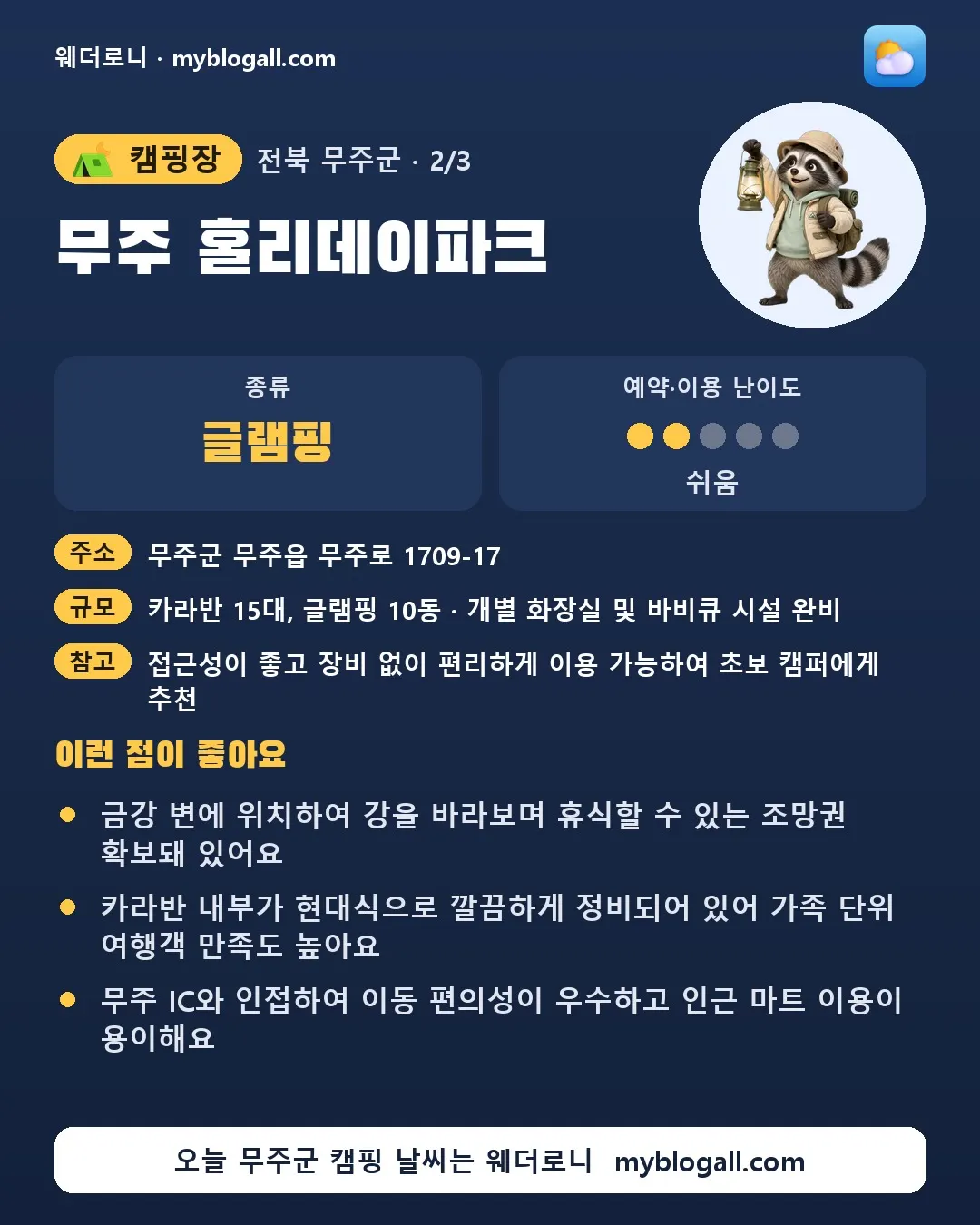무주군 캠핑장 · 무주 홀리데이파크 — 글램핑 · 예약·이용 난이도 2/5 — 금강 변에 위치하여 강을 바라보며 휴식할 수 있는 조망권 확보돼 있어요 — 카라반 내부가 현대식으로 깔끔하게 정비되어 있어 가족 단위 여행객 만족도 높아요