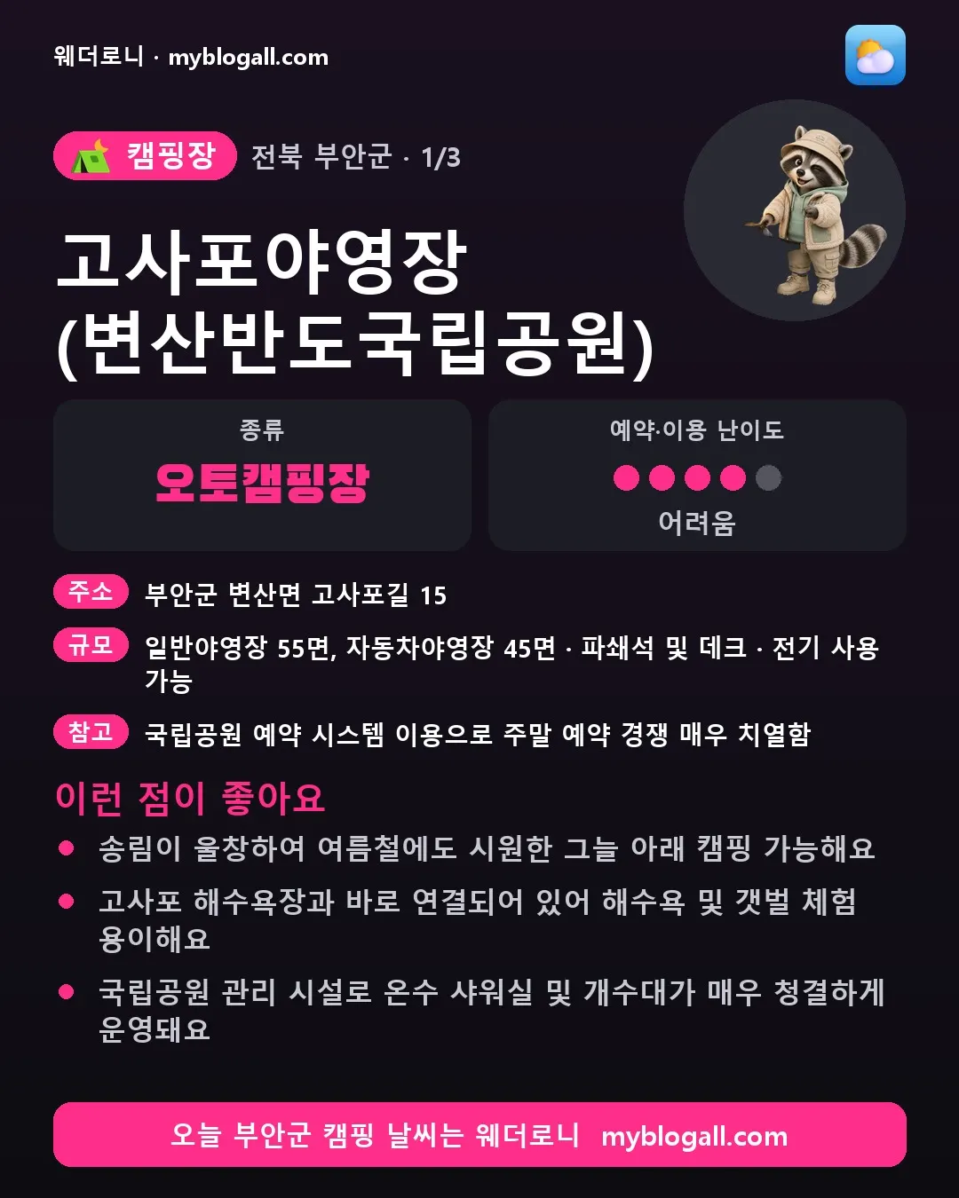 부안군 캠핑장 · 고사포야영장 (변산반도국립공원) — 오토캠핑장 · 예약·이용 난이도 4/5 — 송림이 울창하여 여름철에도 시원한 그늘 아래 캠핑 가능해요 — 고사포 해수욕장과 바로 연결되어 있어 해수욕 및 갯벌 체험 용이해요