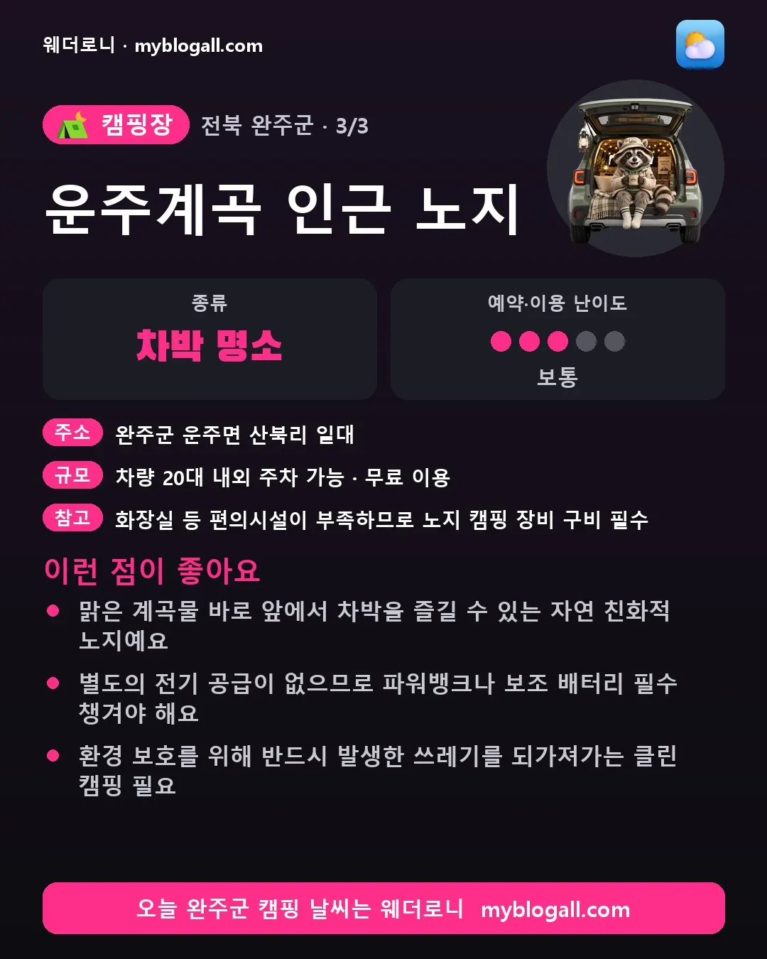 완주군 캠핑장 · 운주계곡 인근 노지 — 차박 명소 · 예약·이용 난이도 3/5 — 맑은 계곡물 바로 앞에서 차박을 즐길 수 있는 자연 친화적 노지예요 — 별도의 전기 공급이 없으므로 파워뱅크나 보조 배터리 필수 챙겨야 해요
