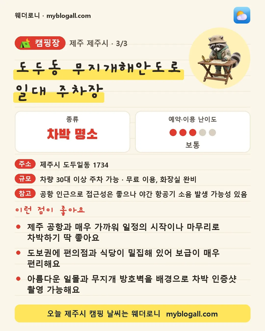제주시 캠핑장 · 도두동 무지개해안도로 일대 주차장 — 차박 명소 · 예약·이용 난이도 3/5 — 제주 공항과 매우 가까워 일정의 시작이나 마무리로 차박하기 딱 좋아요 — 도보권에 편의점과 식당이 밀집해 있어 보급이 매우 편리해요