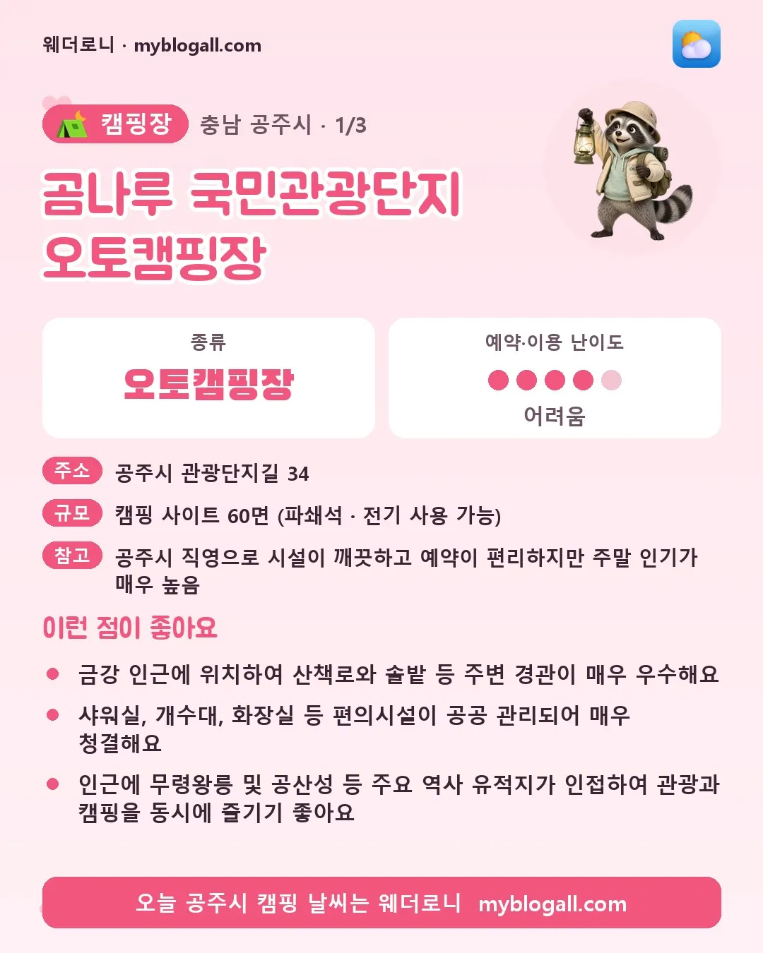 공주시 캠핑장 · 곰나루 국민관광단지 오토캠핑장 — 오토캠핑장 · 예약·이용 난이도 4/5 — 금강 인근에 위치하여 산책로와 솔밭 등 주변 경관이 매우 우수해요 — 샤워실, 개수대, 화장실 등 편의시설이 공공 관리되어 매우 청결해요