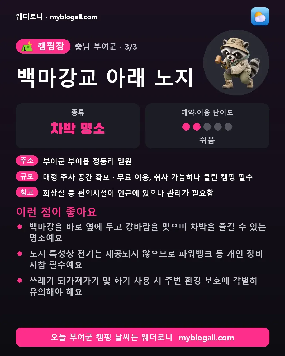 부여군 캠핑장 · 백마강교 아래 노지 — 차박 명소 · 예약·이용 난이도 2/5 — 백마강을 바로 옆에 두고 강바람을 맞으며 차박을 즐길 수 있는 명소예요 — 노지 특성상 전기는 제공되지 않으므로 파워뱅크 등 개인 장비 지참 필수예요