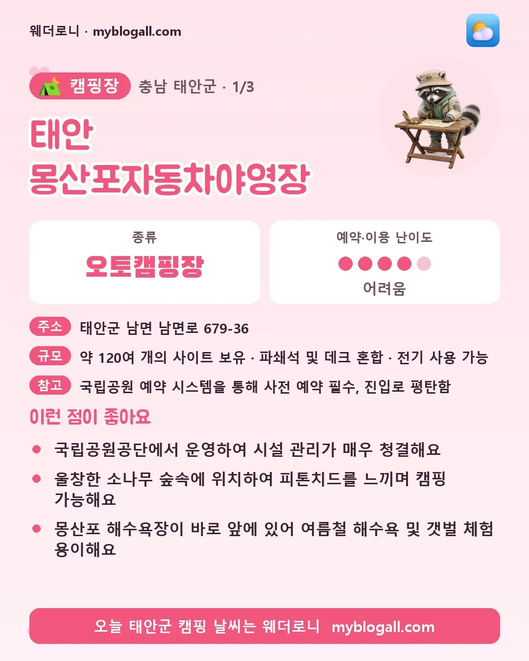 태안군 캠핑장 · 태안 몽산포자동차야영장 — 오토캠핑장 · 예약·이용 난이도 4/5 — 국립공원공단에서 운영하여 시설 관리가 매우 청결해요 — 울창한 소나무 숲속에 위치하여 피톤치드를 느끼며 캠핑 가능해요