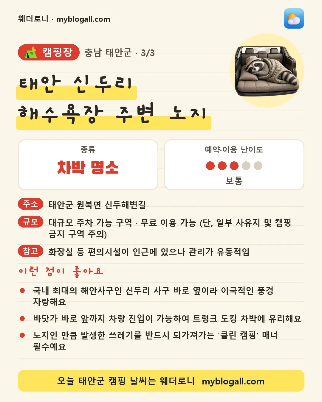 태안군 캠핑장 · 태안 신두리 해수욕장 주변 노지 — 차박 명소 · 예약·이용 난이도 3/5 — 국내 최대의 해안사구인 신두리 사구 바로 옆이라 이국적인 풍경 자랑해요 — 바닷가 바로 앞까지 차량 진입이 가능하여 트렁크 도킹 차박에 유리해요