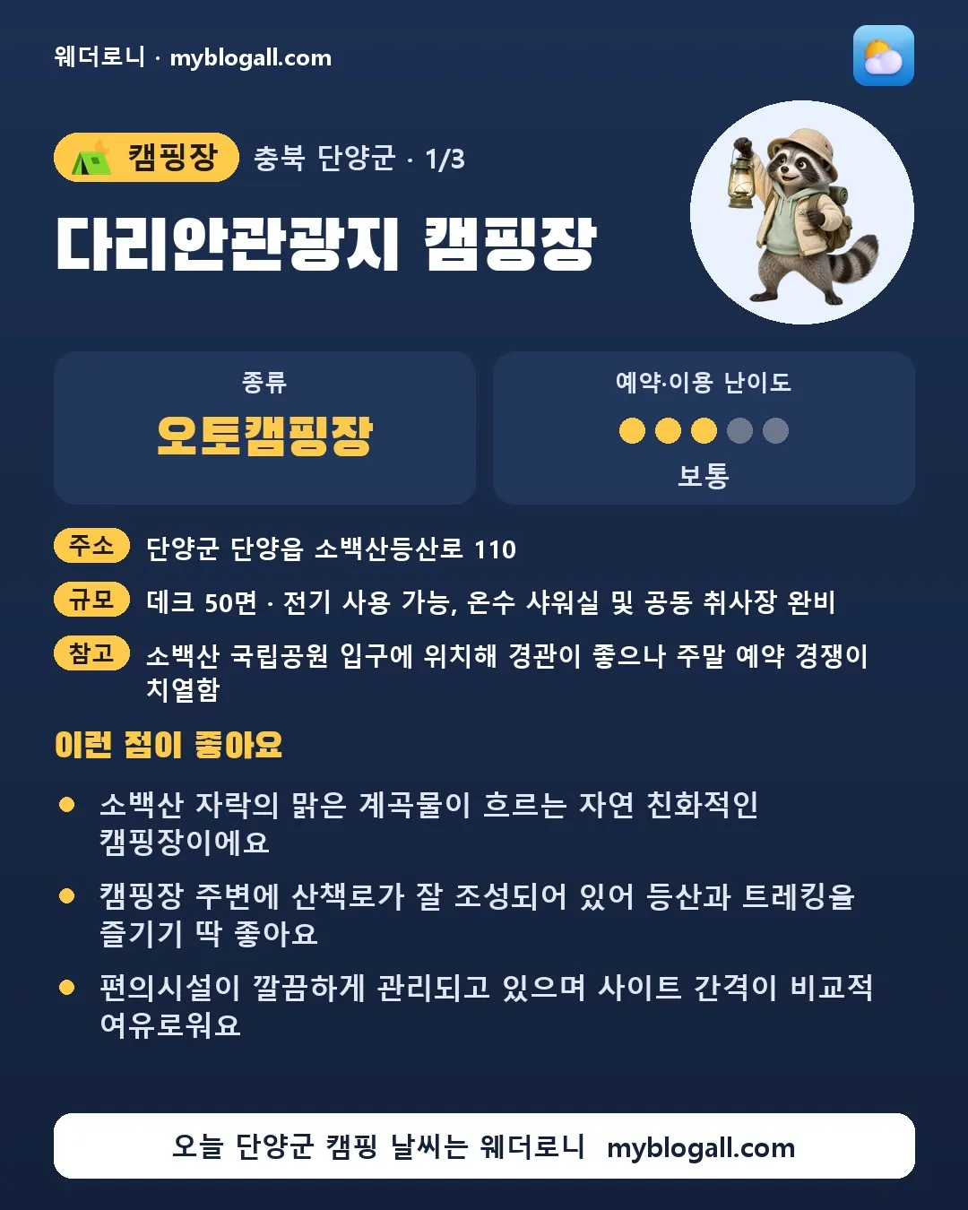 단양군 캠핑장 · 다리안관광지 캠핑장 — 오토캠핑장 · 예약·이용 난이도 3/5 — 소백산 자락의 맑은 계곡물이 흐르는 자연 친화적인 캠핑장이에요 — 캠핑장 주변에 산책로가 잘 조성되어 있어 등산과 트레킹을 즐기기 딱 좋아요