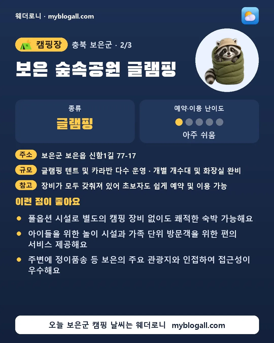 보은군 캠핑장 · 보은 숲속공원 글램핑 — 글램핑 · 예약·이용 난이도 1/5 — 풀옵션 시설로 별도의 캠핑 장비 없이도 쾌적한 숙박 가능해요 — 아이들을 위한 놀이 시설과 가족 단위 방문객을 위한 편의 서비스 제공해요