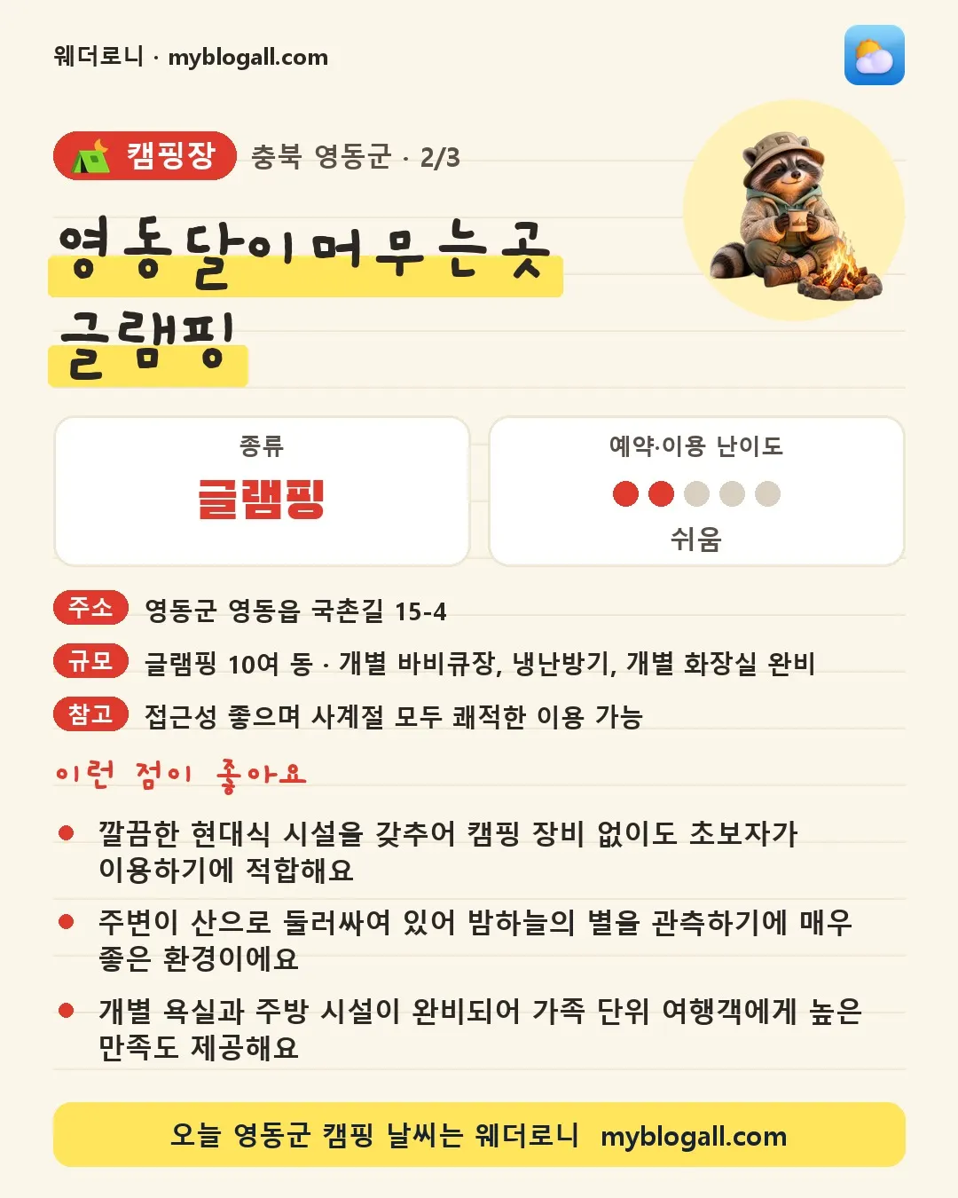 영동군 캠핑장 · 영동달이머무는곳 글램핑 — 글램핑 · 예약·이용 난이도 2/5 — 깔끔한 현대식 시설을 갖추어 캠핑 장비 없이도 초보자가 이용하기에 적합해요 — 주변이 산으로 둘러싸여 있어 밤하늘의 별을 관측하기에 매우 좋은 환경이에요