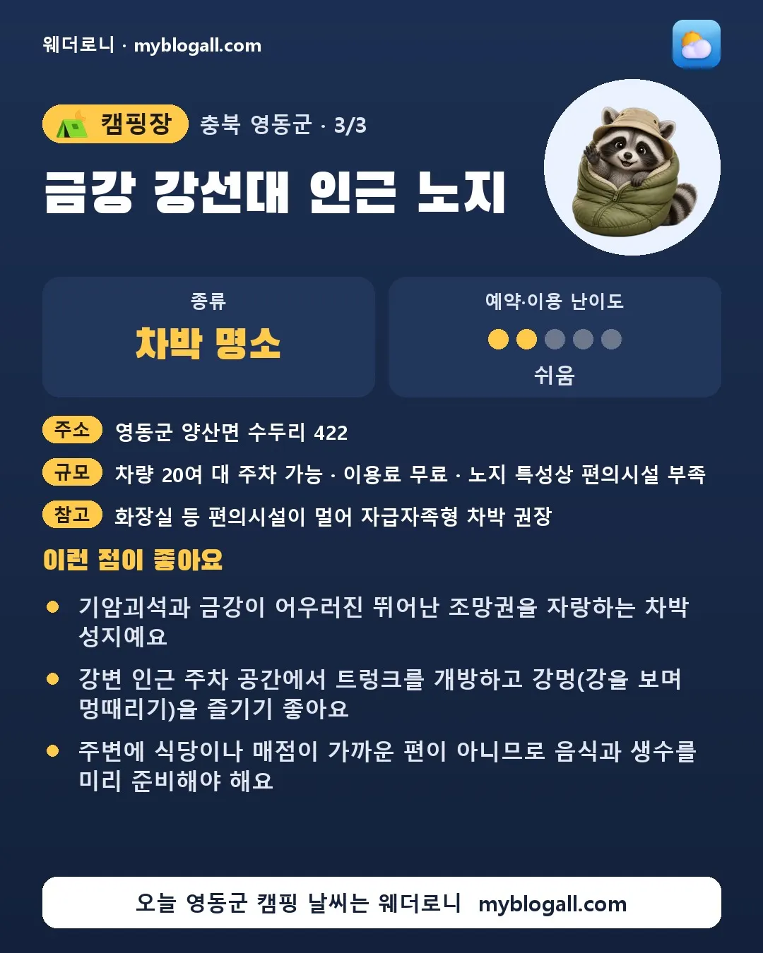영동군 캠핑장 · 금강 강선대 인근 노지 — 차박 명소 · 예약·이용 난이도 2/5 — 기암괴석과 금강이 어우러진 뛰어난 조망권을 자랑하는 차박 성지예요 — 강변 인근 주차 공간에서 트렁크를 개방하고 강멍(강을 보며 멍때리기)을 즐기기 좋아요
