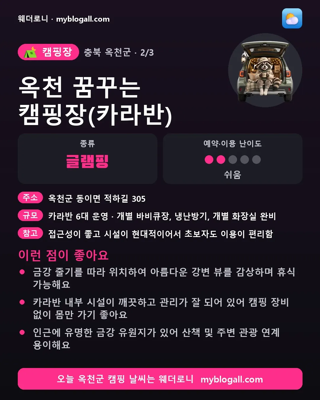 옥천군 캠핑장 · 옥천 꿈꾸는 캠핑장(카라반) — 글램핑 · 예약·이용 난이도 2/5 — 금강 줄기를 따라 위치하여 아름다운 강변 뷰를 감상하며 휴식 가능해요 — 카라반 내부 시설이 깨끗하고 관리가 잘 되어 있어 캠핑 장비 없이 몸만 가기 좋아요