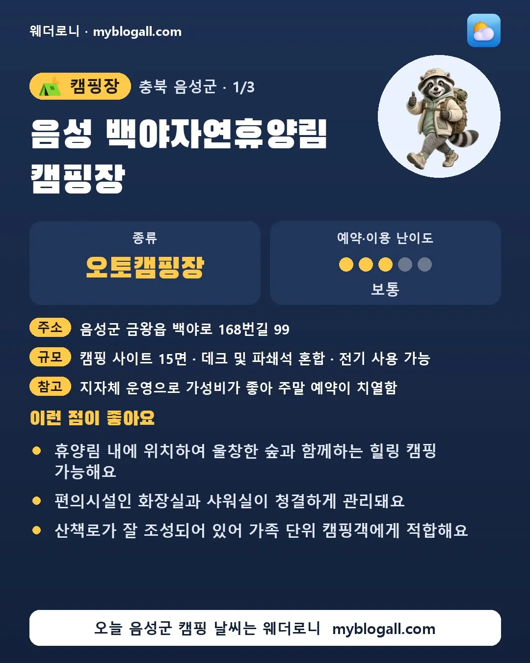음성군 캠핑장 · 음성 백야자연휴양림 캠핑장 — 오토캠핑장 · 예약·이용 난이도 3/5 — 휴양림 내에 위치하여 울창한 숲과 함께하는 힐링 캠핑 가능해요 — 편의시설인 화장실과 샤워실이 청결하게 관리돼요