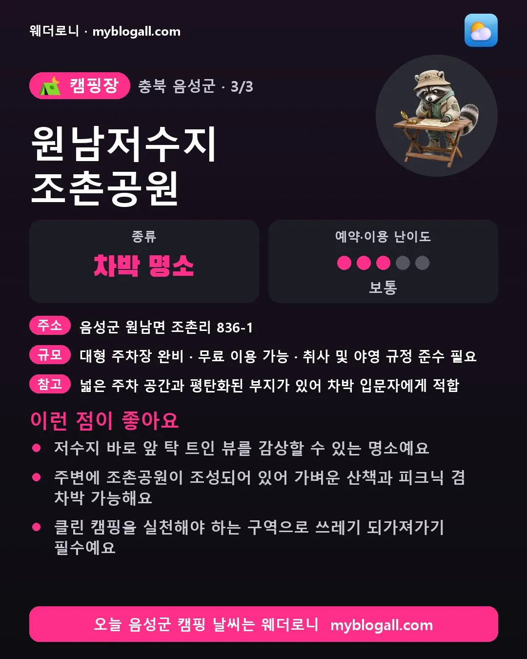 음성군 캠핑장 · 원남저수지 조촌공원 — 차박 명소 · 예약·이용 난이도 3/5 — 저수지 바로 앞 탁 트인 뷰를 감상할 수 있는 명소예요 — 주변에 조촌공원이 조성되어 있어 가벼운 산책과 피크닉 겸 차박 가능해요