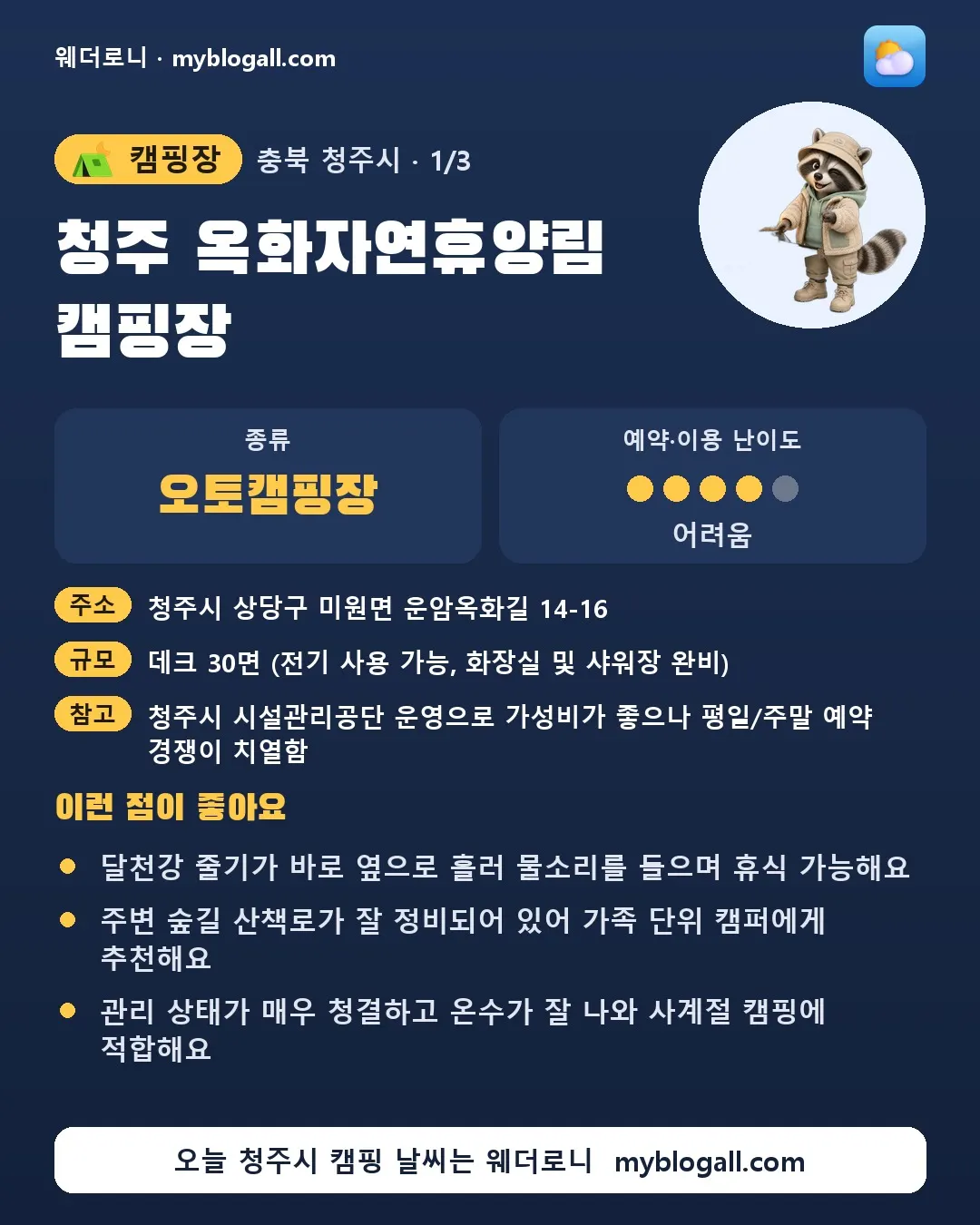청주시 캠핑장 · 청주 옥화자연휴양림 캠핑장 — 오토캠핑장 · 예약·이용 난이도 4/5 — 달천강 줄기가 바로 옆으로 흘러 물소리를 들으며 휴식 가능해요 — 주변 숲길 산책로가 잘 정비되어 있어 가족 단위 캠퍼에게 추천해요